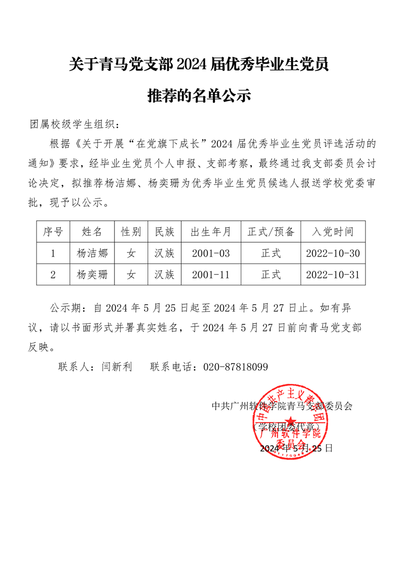 关于青马党支部2024届优秀毕业生党员推荐的名单公示
